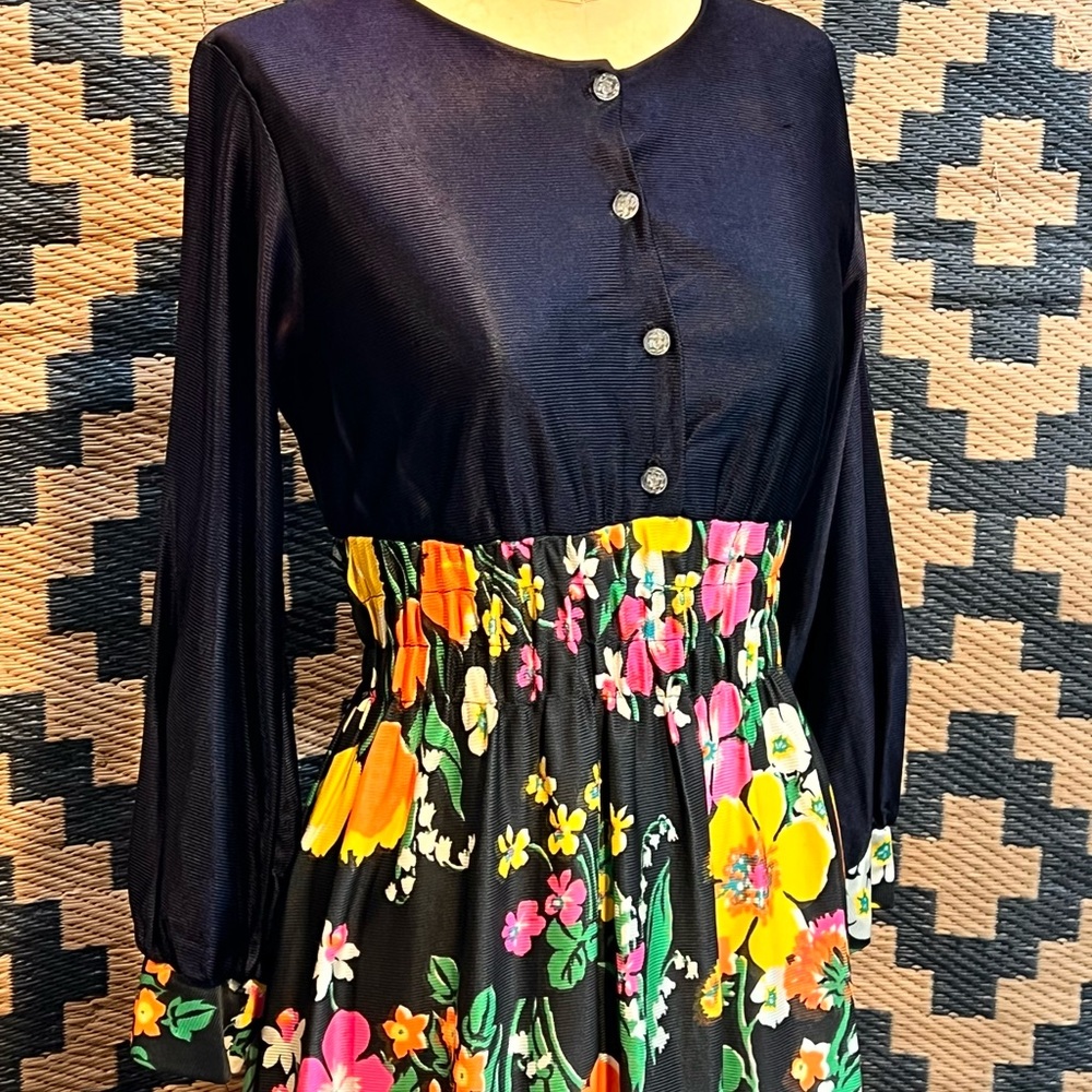 VINTAGE mid century‎ 60s dark flower long maxi dress hostess house gown 70s MOD - Picture 10 of 17